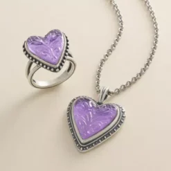 Sculpted Heart And Tulips Layered Gemstone Pendant -Fashion Accessories SculptedHeartsTulips Purple col